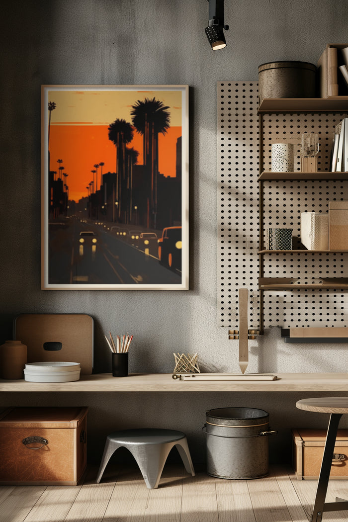 Retro styled poster of palm trees at sunset displayed in a contemporary room setting