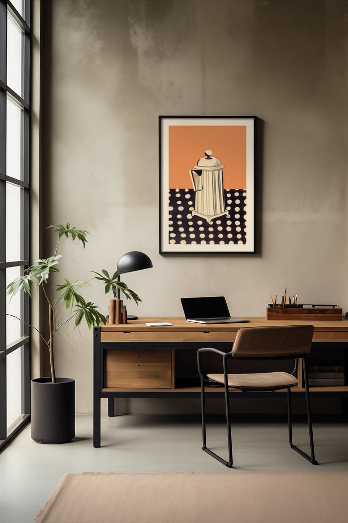 Vintage style percolator coffee poster in a modern minimalist home office interior