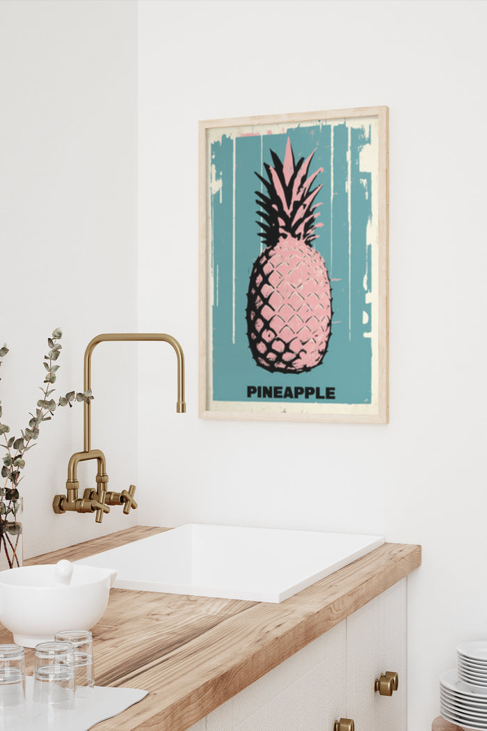 Vintage Pineapple Art Print Poster Decor in Modern Kitchen Interior