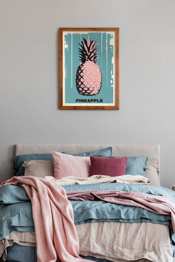 Vintage style pineapple poster in bedroom wall decor setting