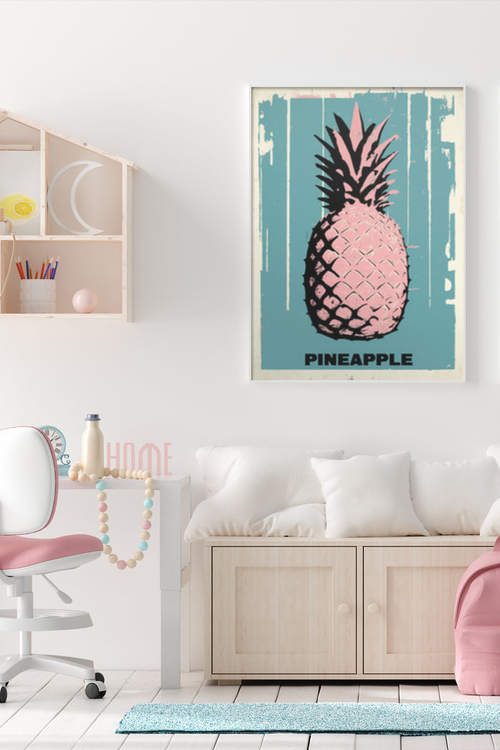 Stylish vintage pineapple poster artwork in a cozy modern living room setting