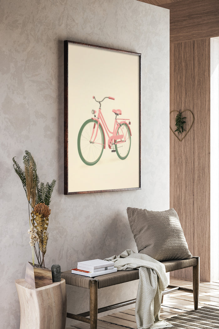 Vintage Pink Bicycle Poster Art in Modern Interior Setting