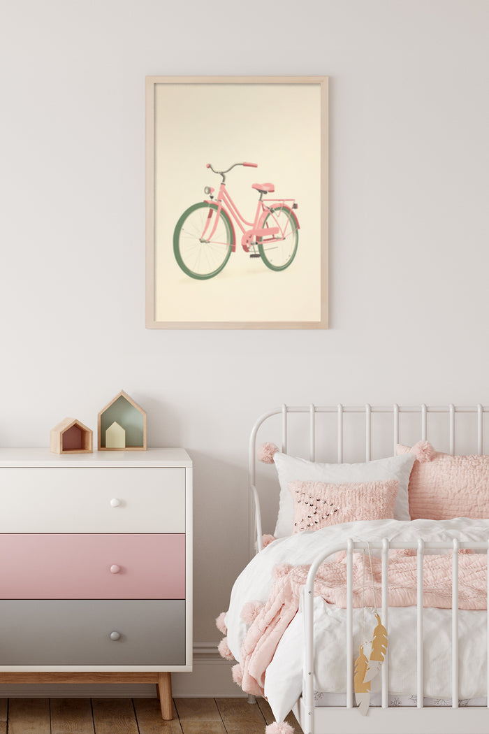 Vintage pink bicycle poster art displayed in a contemporary bedroom with stylish furniture and decor