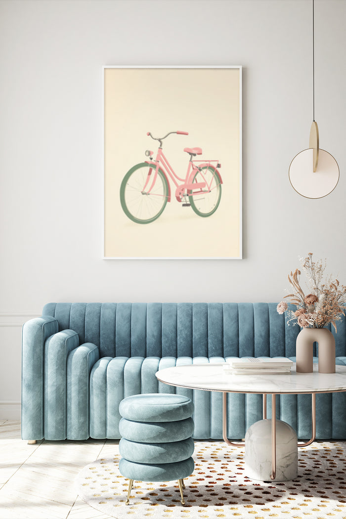 Vintage Pink Bicycle Poster Art in Modern Living Room