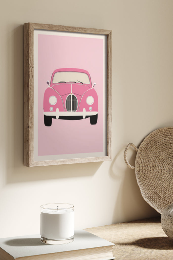 Vintage Pink Car Poster Art in Wooden Frame on Interior Wall
