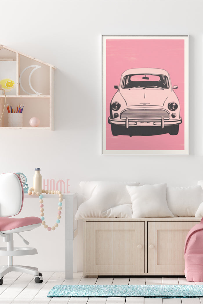 Vintage Pink Car Poster Art in Stylish Home Interior