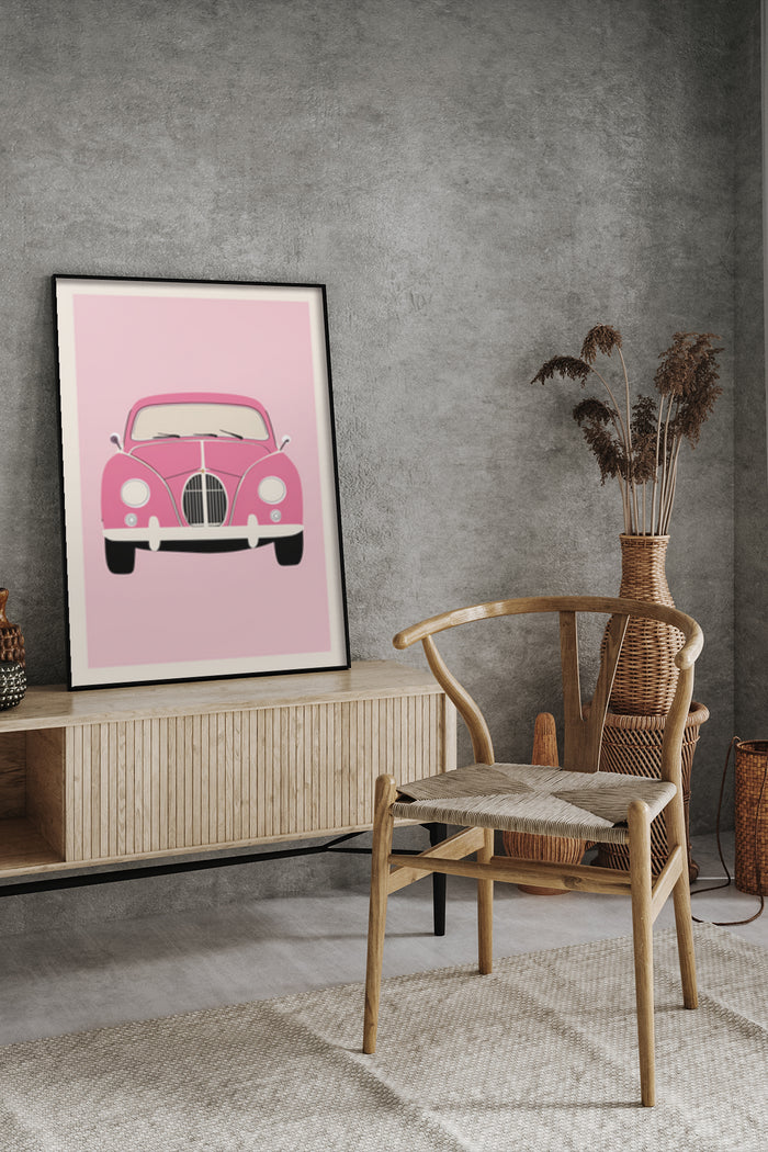 Vintage Pink Car Poster Art in Modern Home Decor Setting