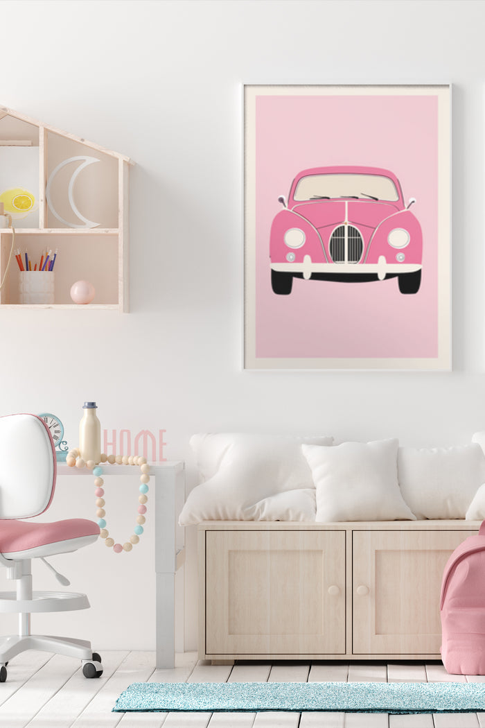 Modern home interior with vintage pink car poster framed on wall