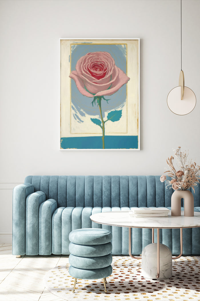 Vintage style pink rose poster art in modern living room interior
