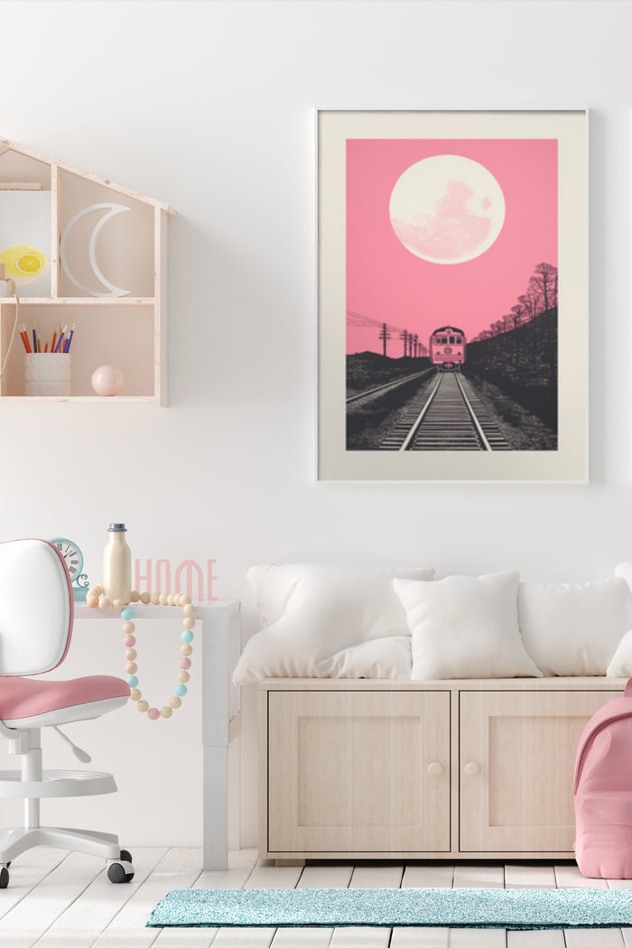 Vintage Pink Train Poster with Full Moon and Trees in a Modern Room Interior Decor