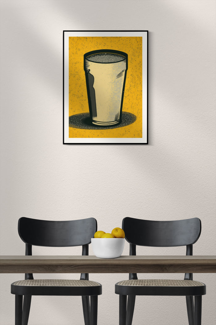 Vintage Pint Glass Illustration Art Poster Hanging Above Two Black Chairs and Wooden Table