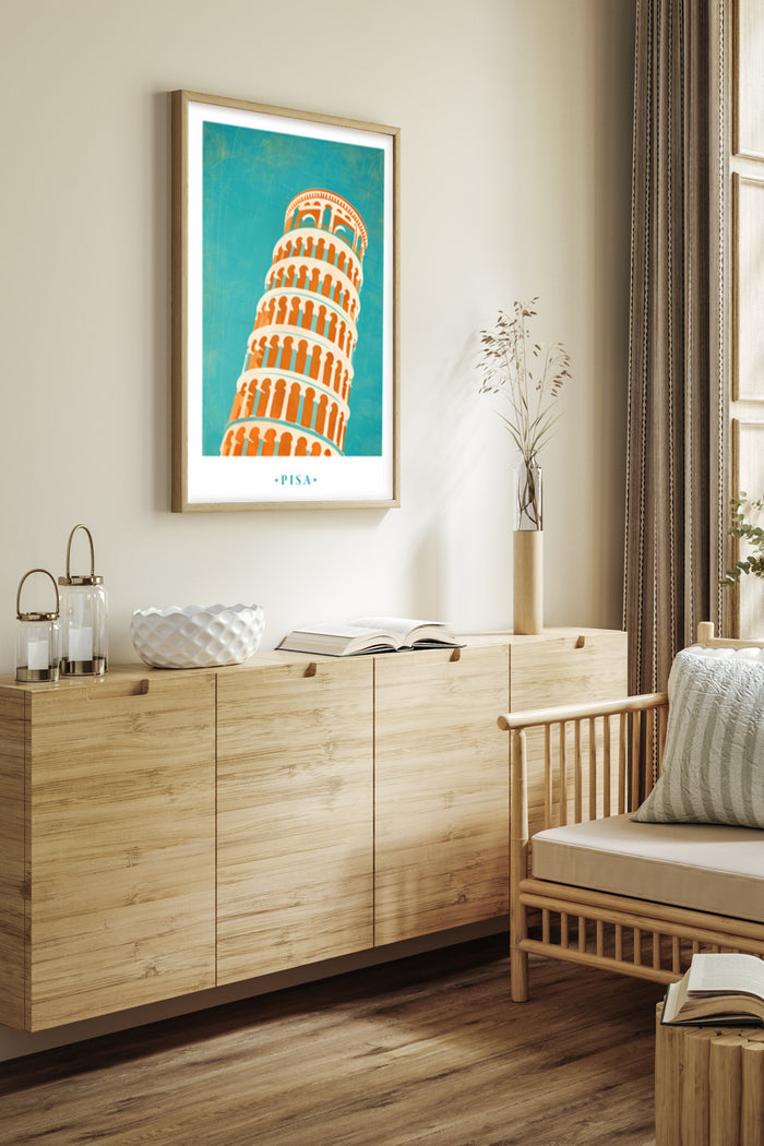 Vintage Pisa Travel Poster displayed in a stylish modern living room setting