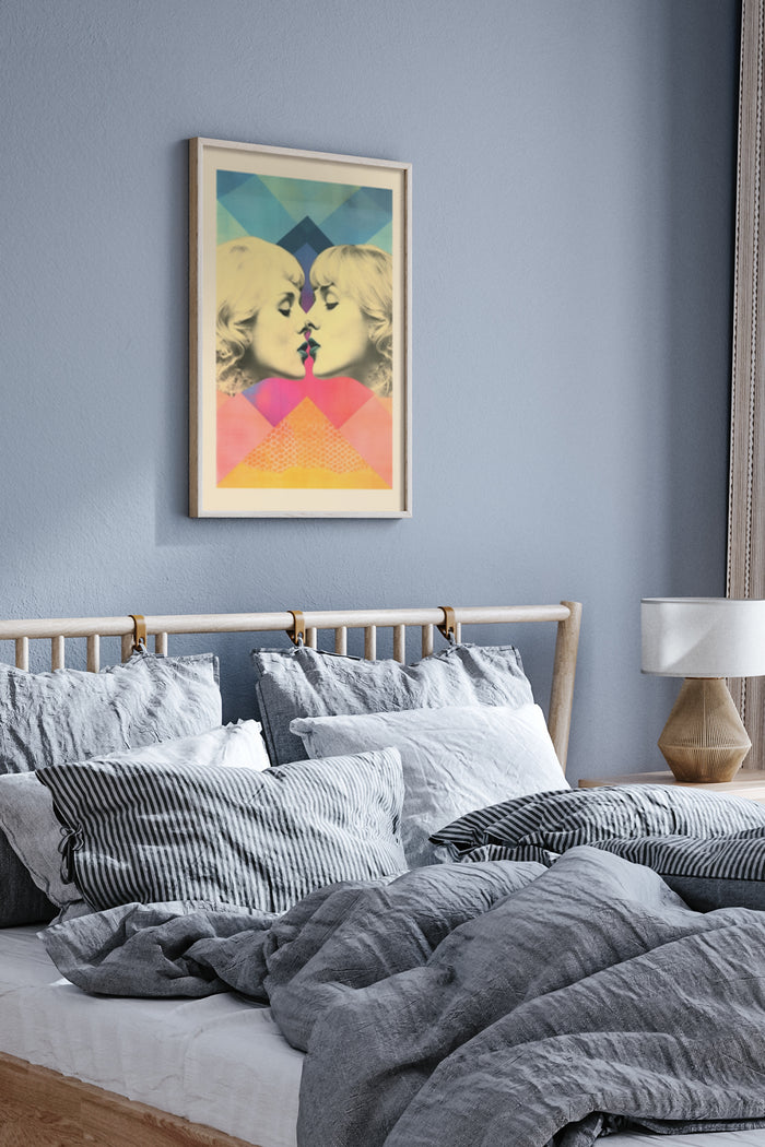 Vintage Pop Art Style Poster Depicting Two Faces in Bedroom Interior