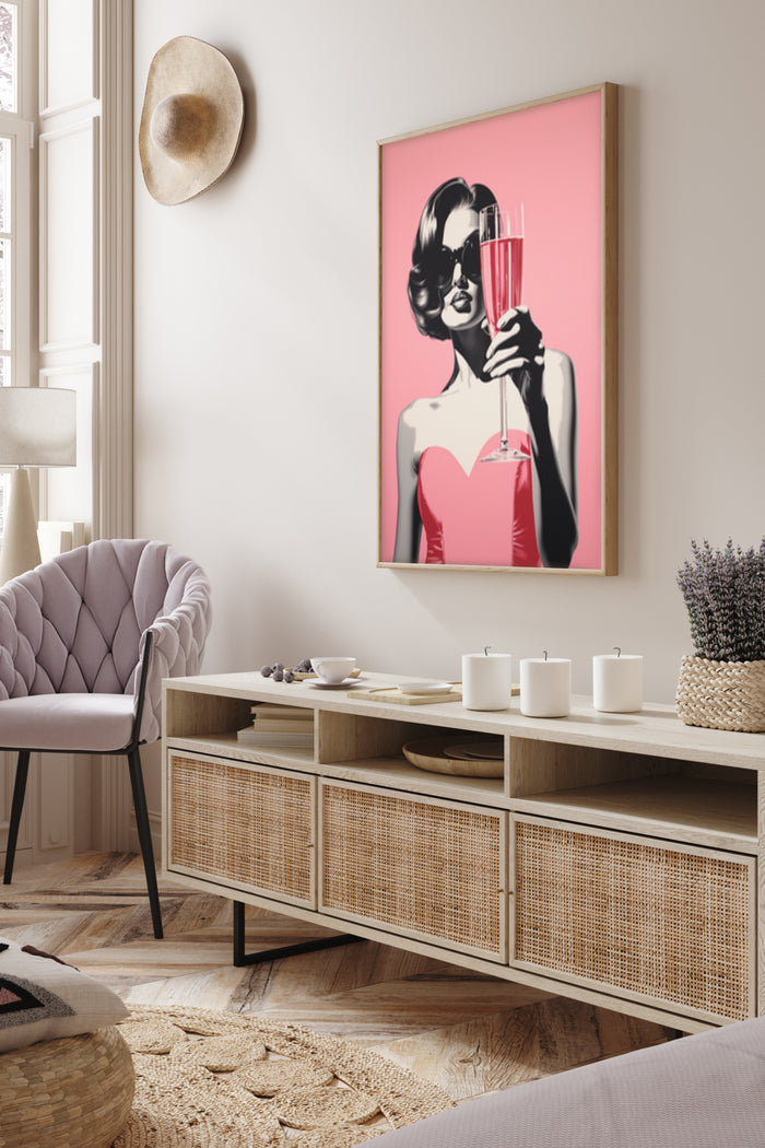 Vintage pop art style poster of a woman holding a glass of drink in a modern interior