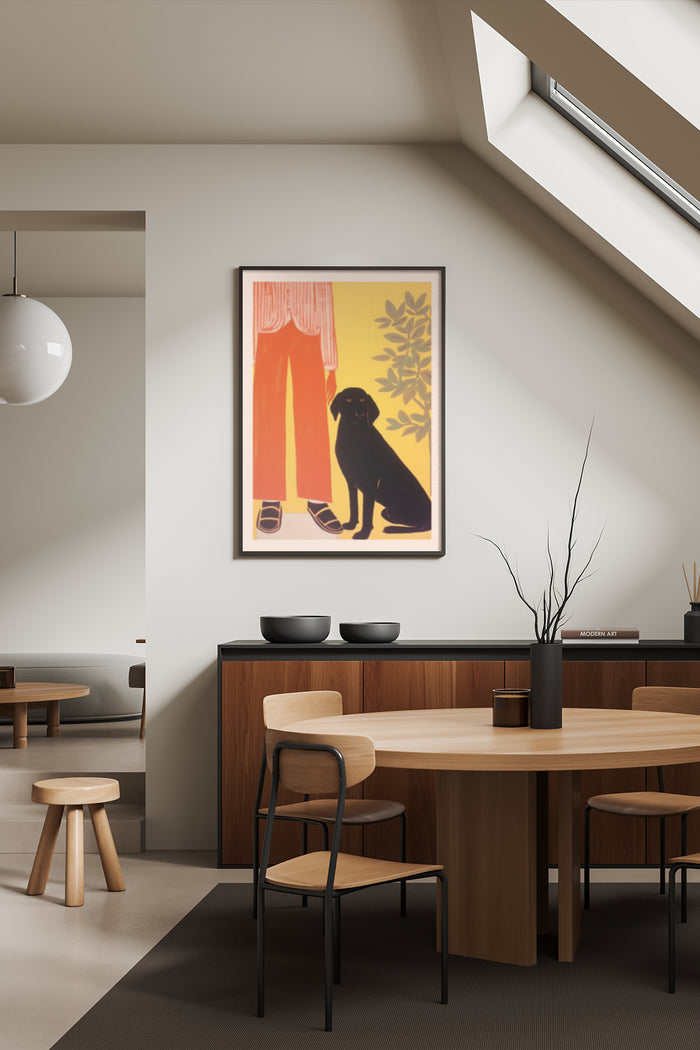 Vintage art poster featuring black cat and part of a person with red trousers in a modern dining room setting