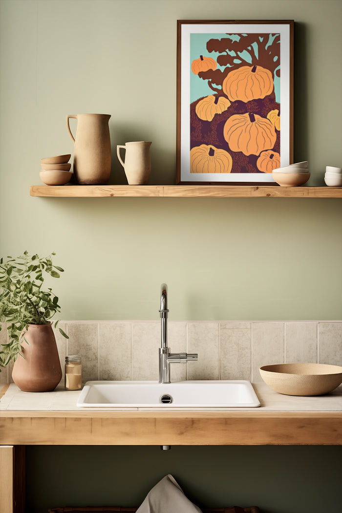 Vintage pumpkin art print framed on a kitchen shelf with minimalist pottery decor