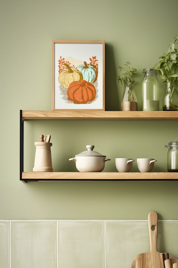 Vintage-style pumpkin illustration in kitchen setting with shelf and ceramic ware