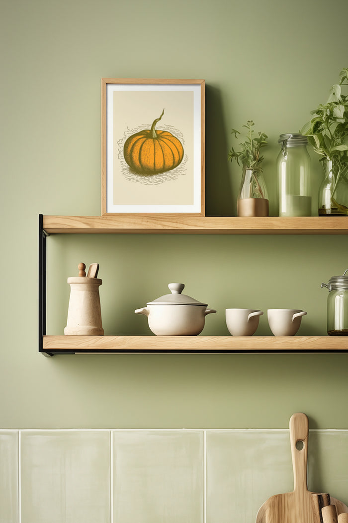 Vintage Pumpkin Illustration in a Wooden Frame on Kitchen Shelf with Elegant Tableware and Plants