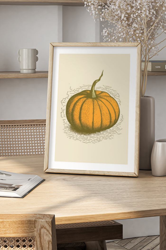 Vintage-style illustration of a pumpkin artwork in a framed poster on home interior display