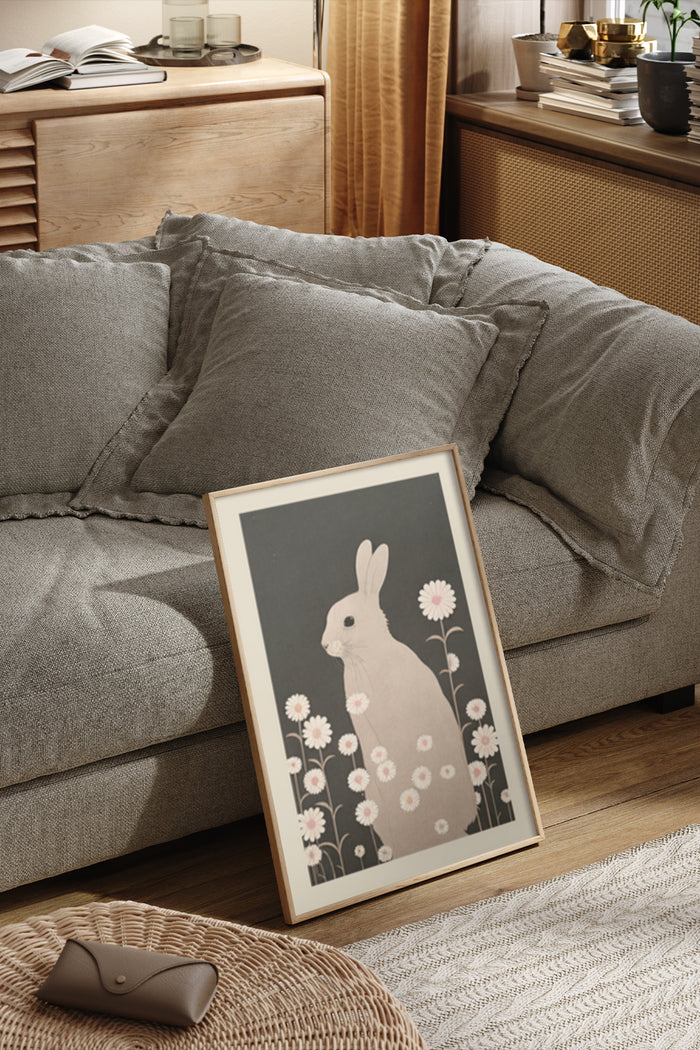 Vintage Style Rabbit with Flowers Art Poster Displayed in a Cozy Living Room Setting