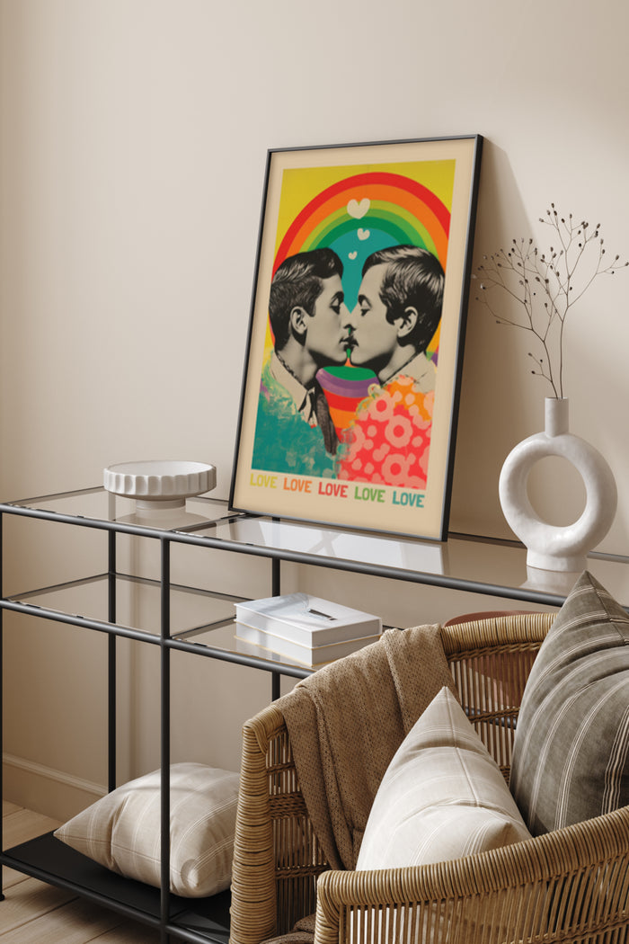 Colorful vintage poster with 'LOVE LOVE LOVE' text and rainbow motif in a modern living room setting