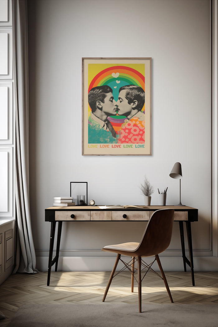 Vintage inspired rainbow love poster with two people kissing in a chic home office setup