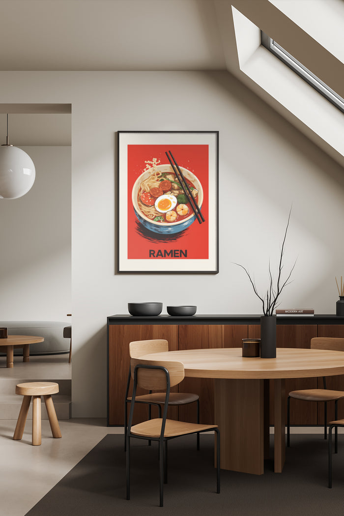 Vintage styled Ramen poster featuring a bowl of noodles in a modern restaurant setting