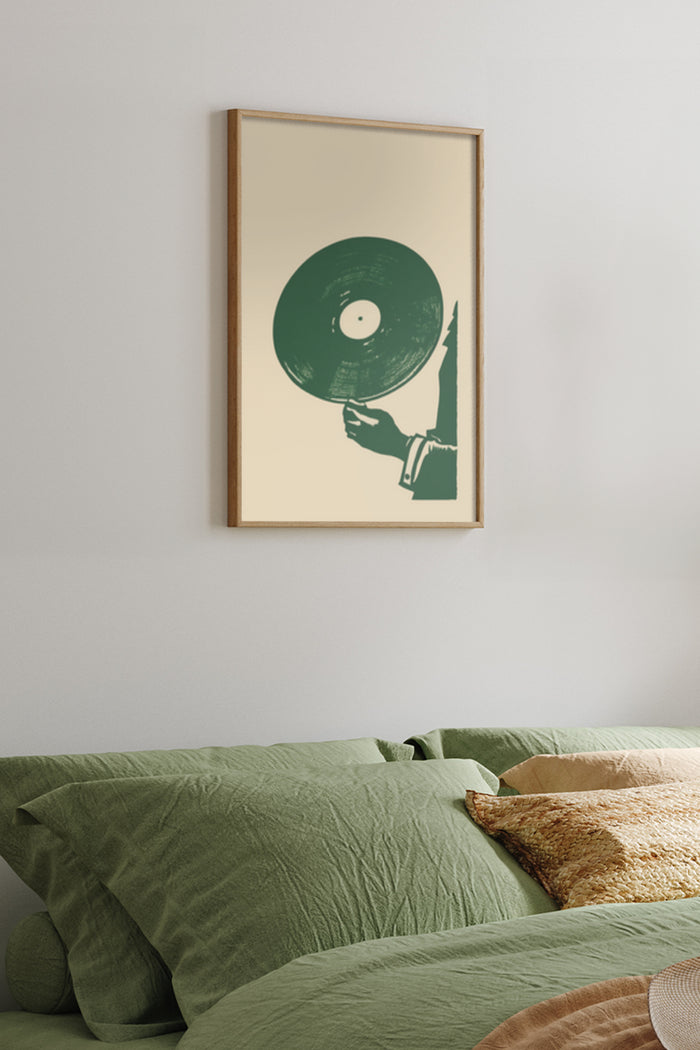 Vintage-style poster of a hand holding a vinyl record mounted in a bedroom setting