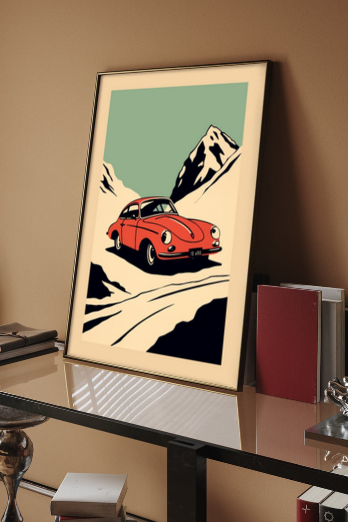 Vintage Red Car with Mountain Background Travel Poster Artwork in Room Setting