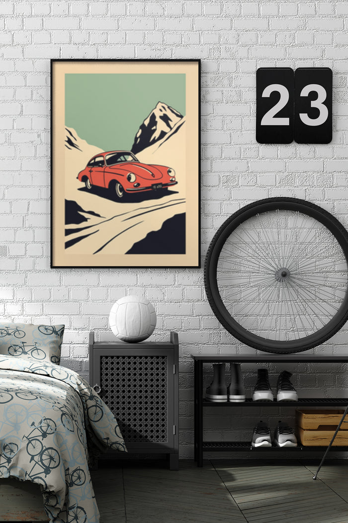 Vintage travel poster with red car and mountains in a stylish bedroom setting