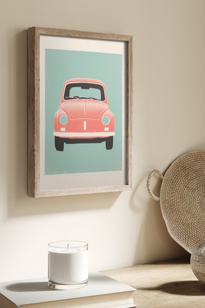 Vintage Red Car Poster Art in Wooden Frame on Wall