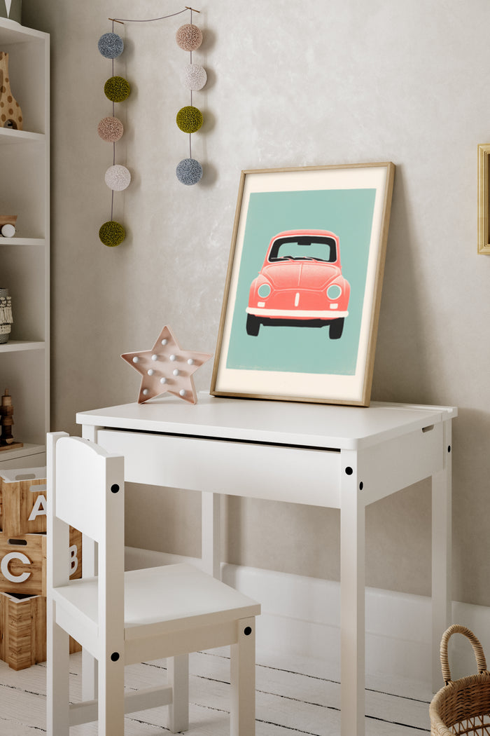 Vintage red car poster framed in a stylish kid's study room