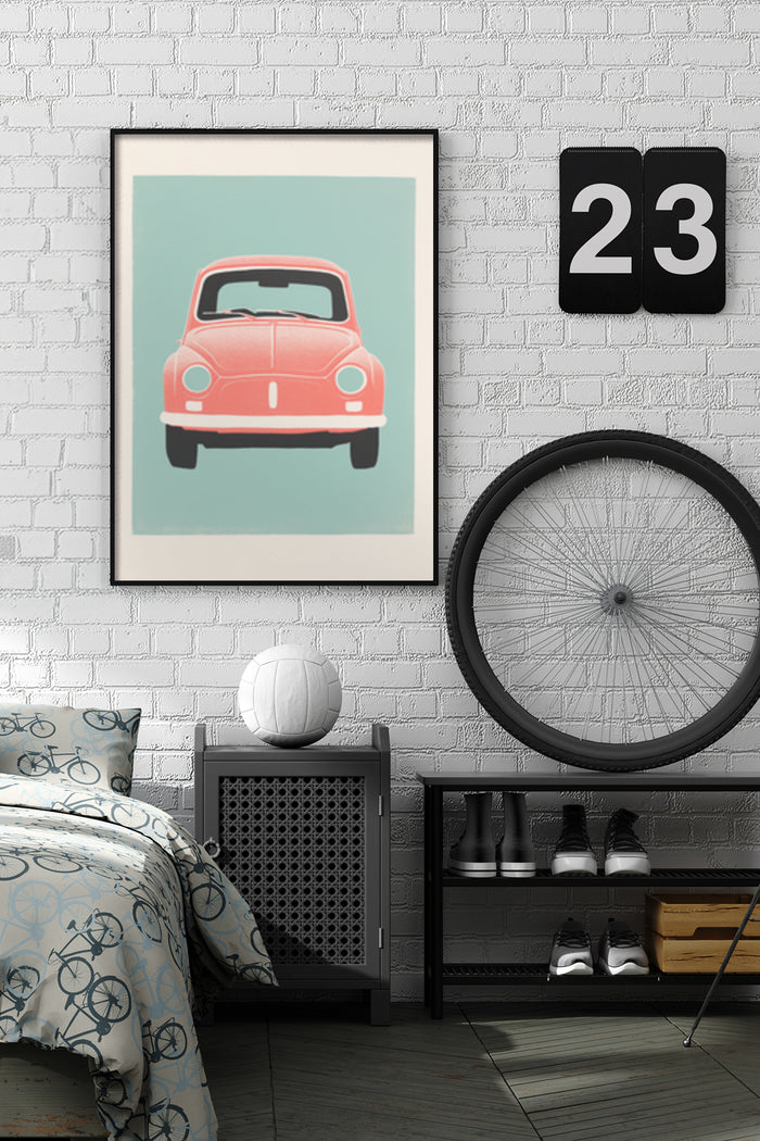 Vintage red car poster in a stylish modern bedroom setting with brick wall and fashionable decor