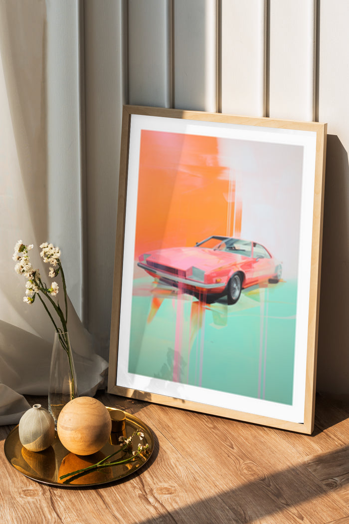 Vintage red sports car poster in a wooden frame resting against a wall with decorative items