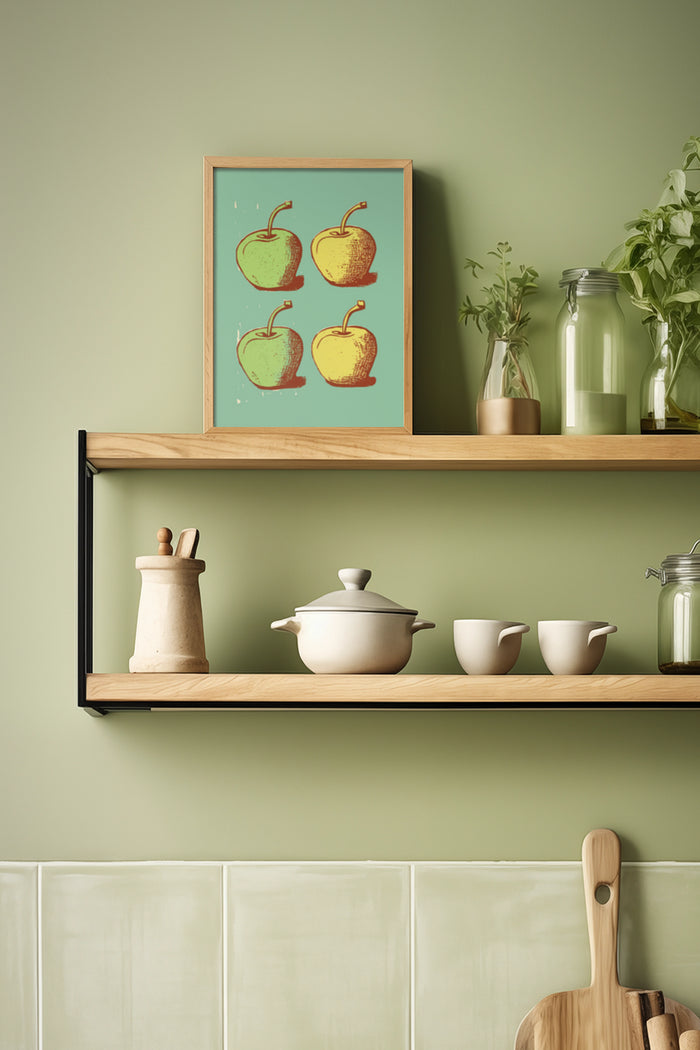Vintage Retro Style Apple Illustration Poster in Kitchen Interior Decor on Shelf