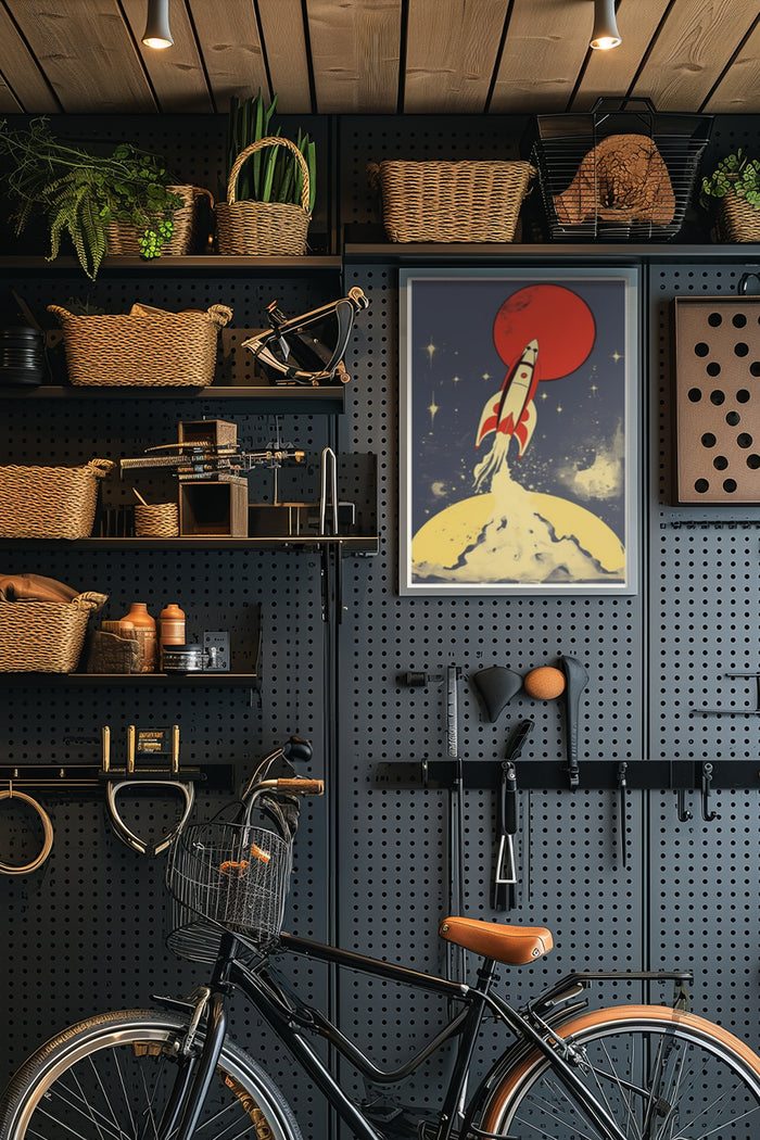 Vintage style rocket launch poster displayed in a stylish contemporary interior with bicycle and decorative shelving