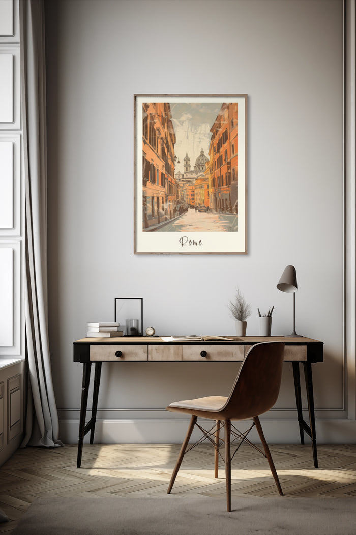 Vintage Rome Cityscape Poster on Wall in Modern Interior Design