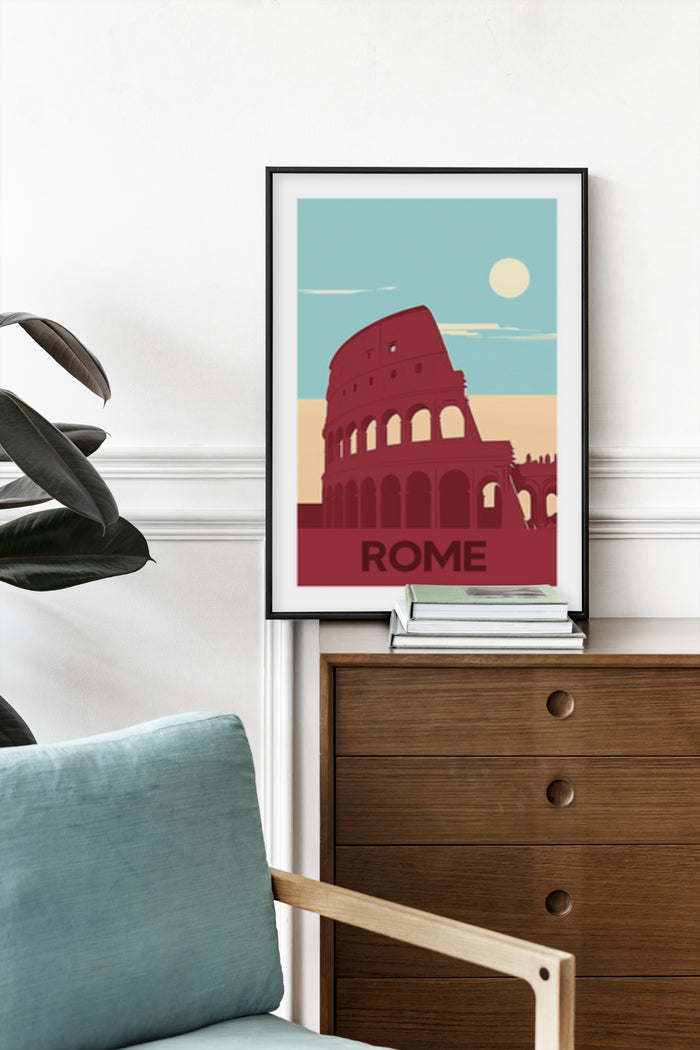 Vintage style travel poster with an illustration of the Colosseum in Rome