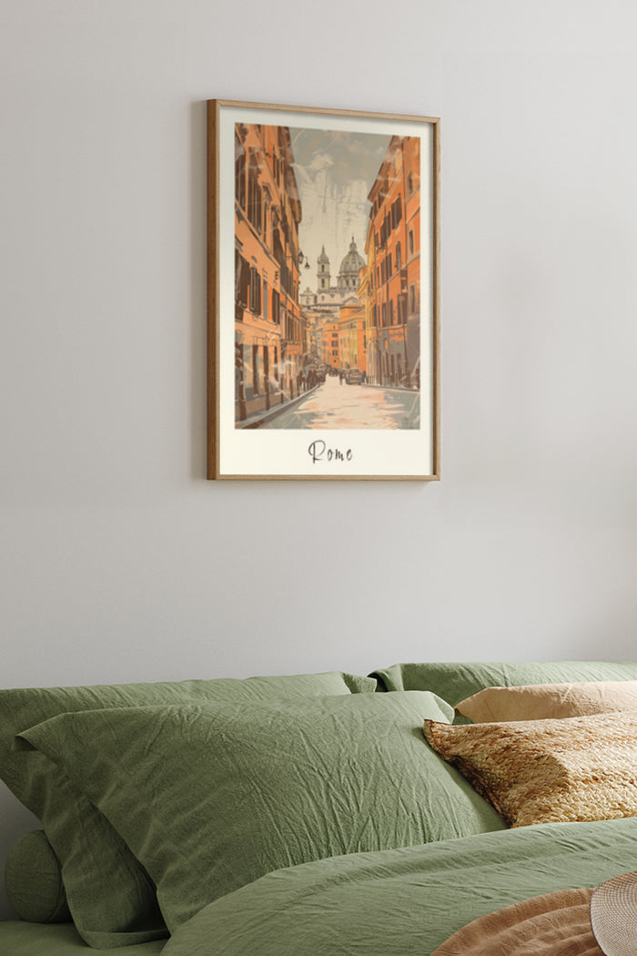 Vintage-style Rome cityscape poster art hanging above a bed with green bedding