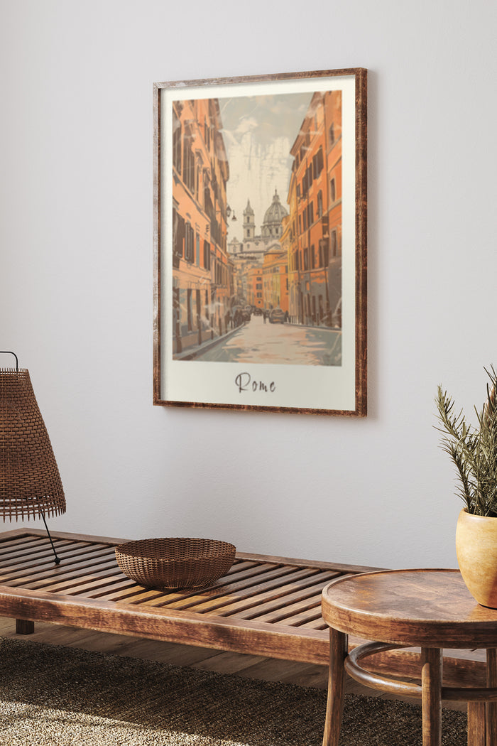 Vintage Poster of Rome with Classic Architecture Framed on Wall in Stylish Interior