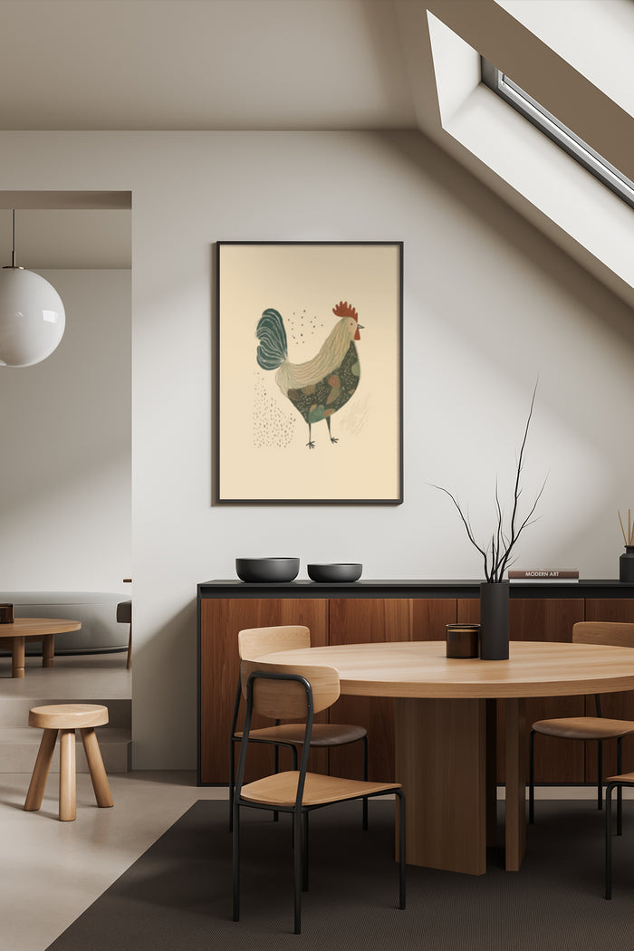 Vintage Rooster Illustration Poster hung above wooden credenza in a contemporary dining room setting