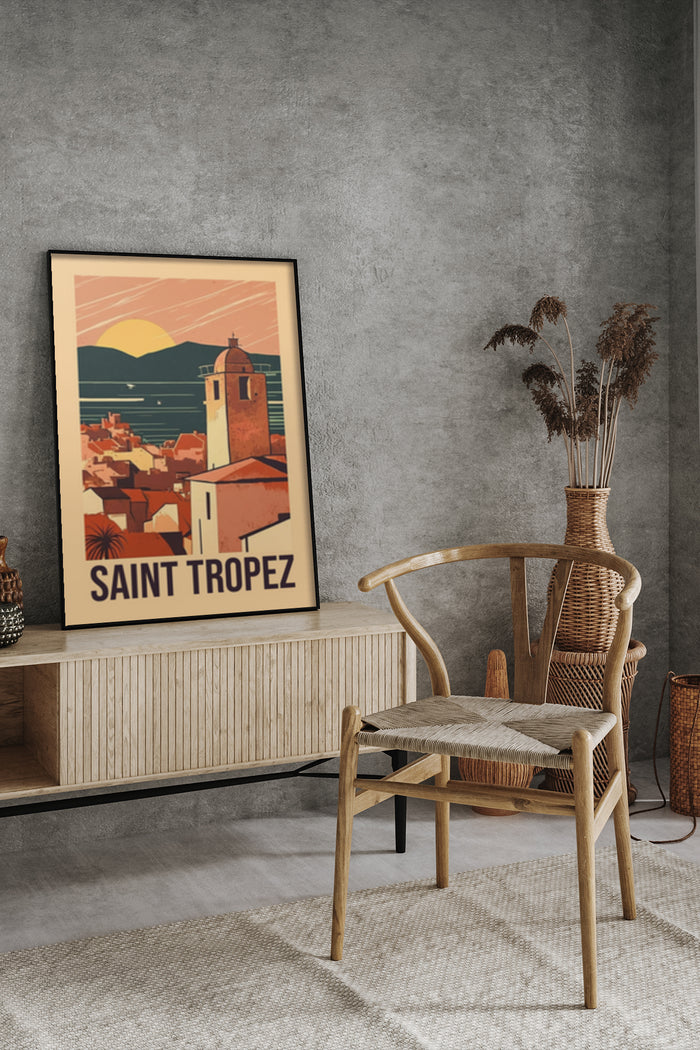 Vintage travel poster of Saint Tropez with sunset and historical buildings illustration