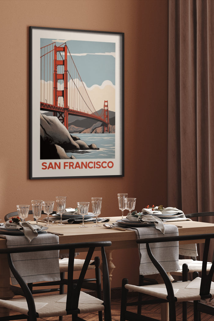Vintage travel poster art of San Francisco Golden Gate Bridge in dining room setting