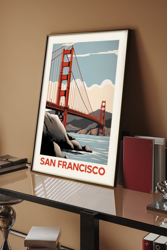 Vintage travel poster with illustration of Golden Gate Bridge in San Francisco displayed in an interior setting