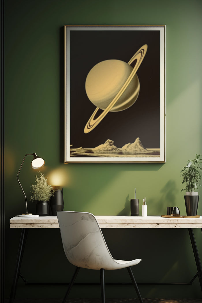 Vintage inspired Saturn planet poster in a stylish interior setting