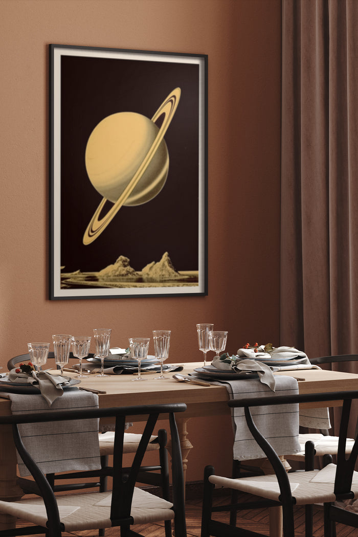 Vintage space travel poster of Saturn on dining room wall, table set for dinner with elegant glassware