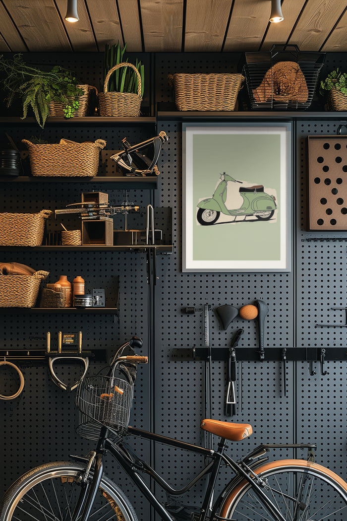 Vintage scooter poster framed on a wall amidst stylish home decor and a classic bicycle