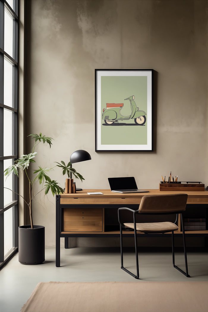 Vintage scooter framed poster on wall in a stylish modern office setup with laptop, desk, and chair