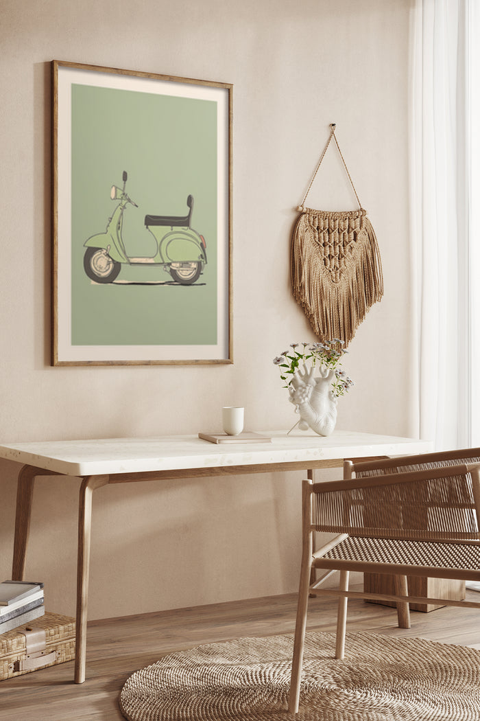 Minimalist vintage scooter poster framed on a wall in a stylish interior setup with a macrame wall hanging