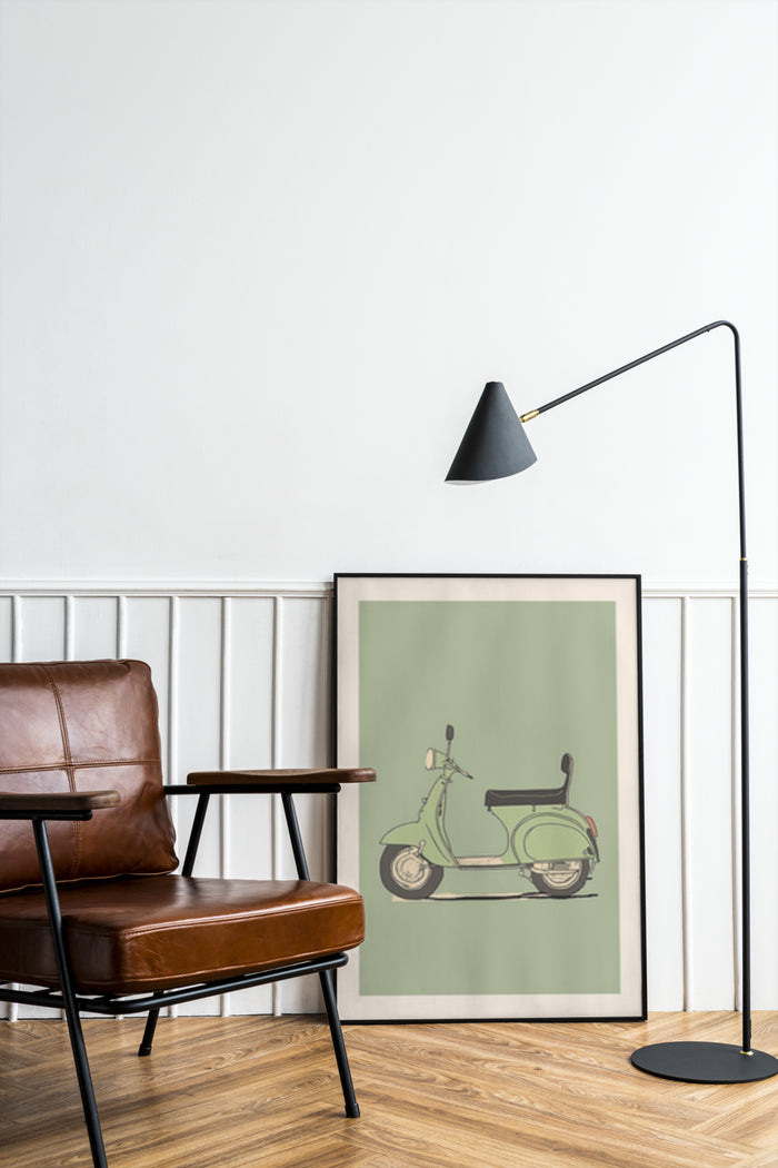 Stylish vintage scooter artwork in modern interior setting with leather chair and floor lamp